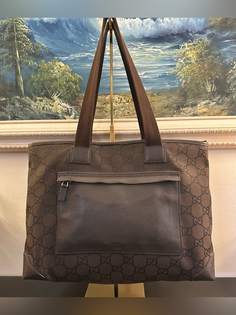 Gucci Brown GG Canvas Tote Bag with Leather Pocket